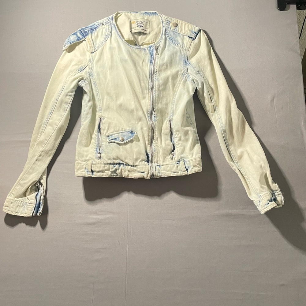 Zara Cream Denim Moto Jacket with Pale Blue Accents